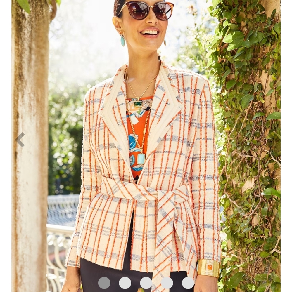 NEW Chico's Ecru Orange Tweed Fusion Striped Belted Blazer Jacket Size 1 = Med